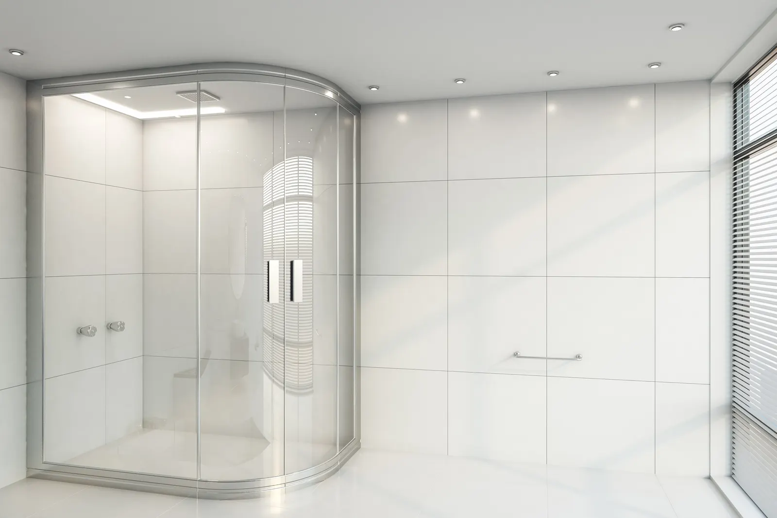 Rounded corner glass shower enclosure with curved sliding doors and a chrome frame.