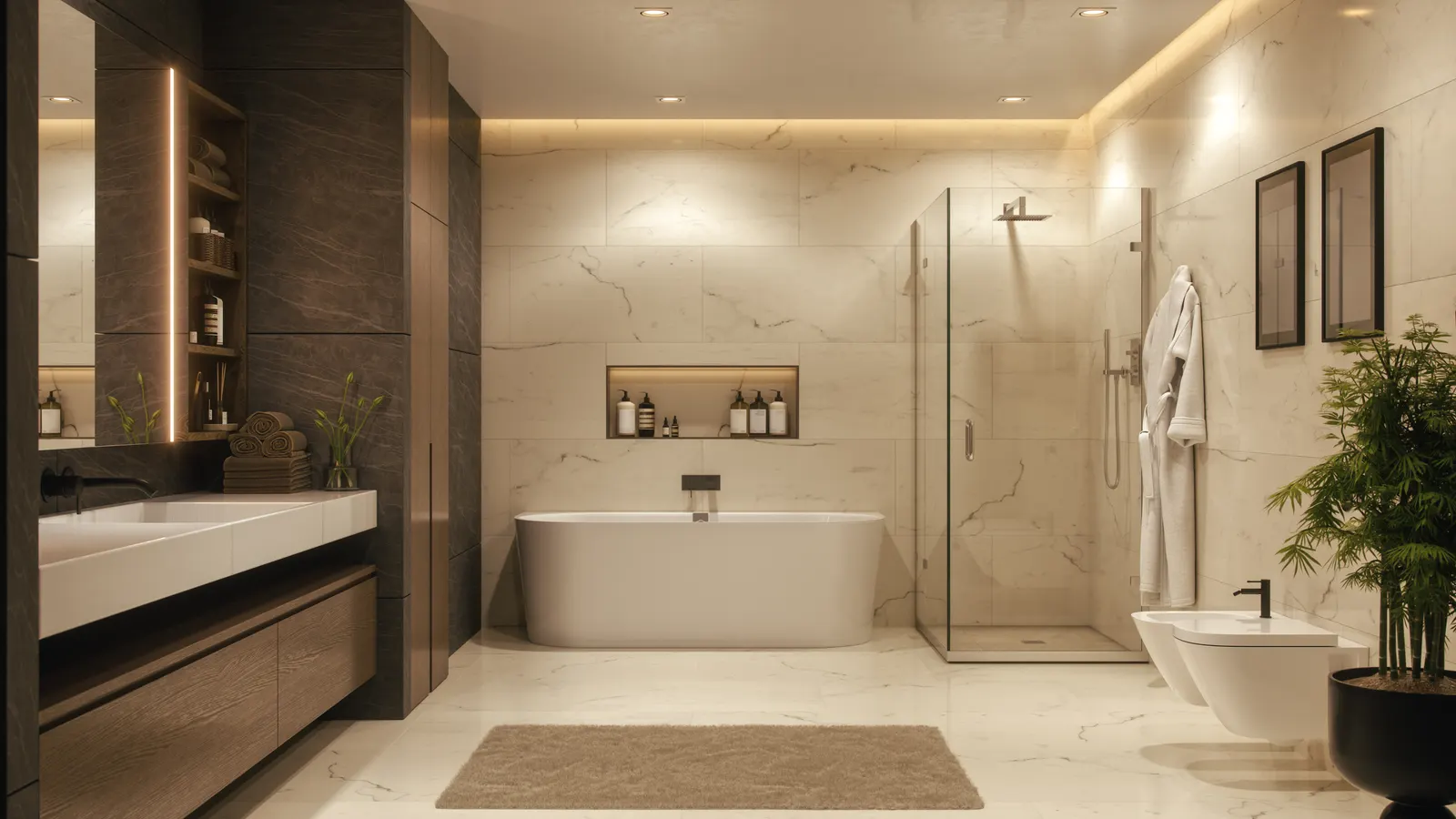 Luxury bathroom with a freestanding tub and a frameless glass shower enclosure.