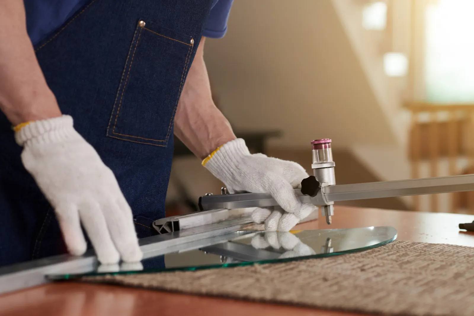 Gloved hands scoring a glass sheet with a handheld cutter on a workbench.