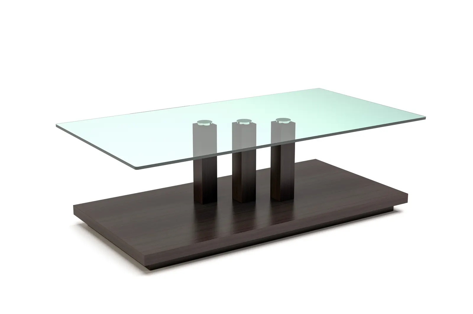 Rectangular glass-top coffee table on three dark wood posts set in a wooden base.