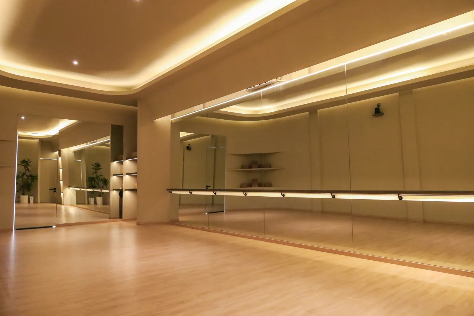 A dance studio lined with full wall-to-wall mirrors, a ballet barre and wood flooring.