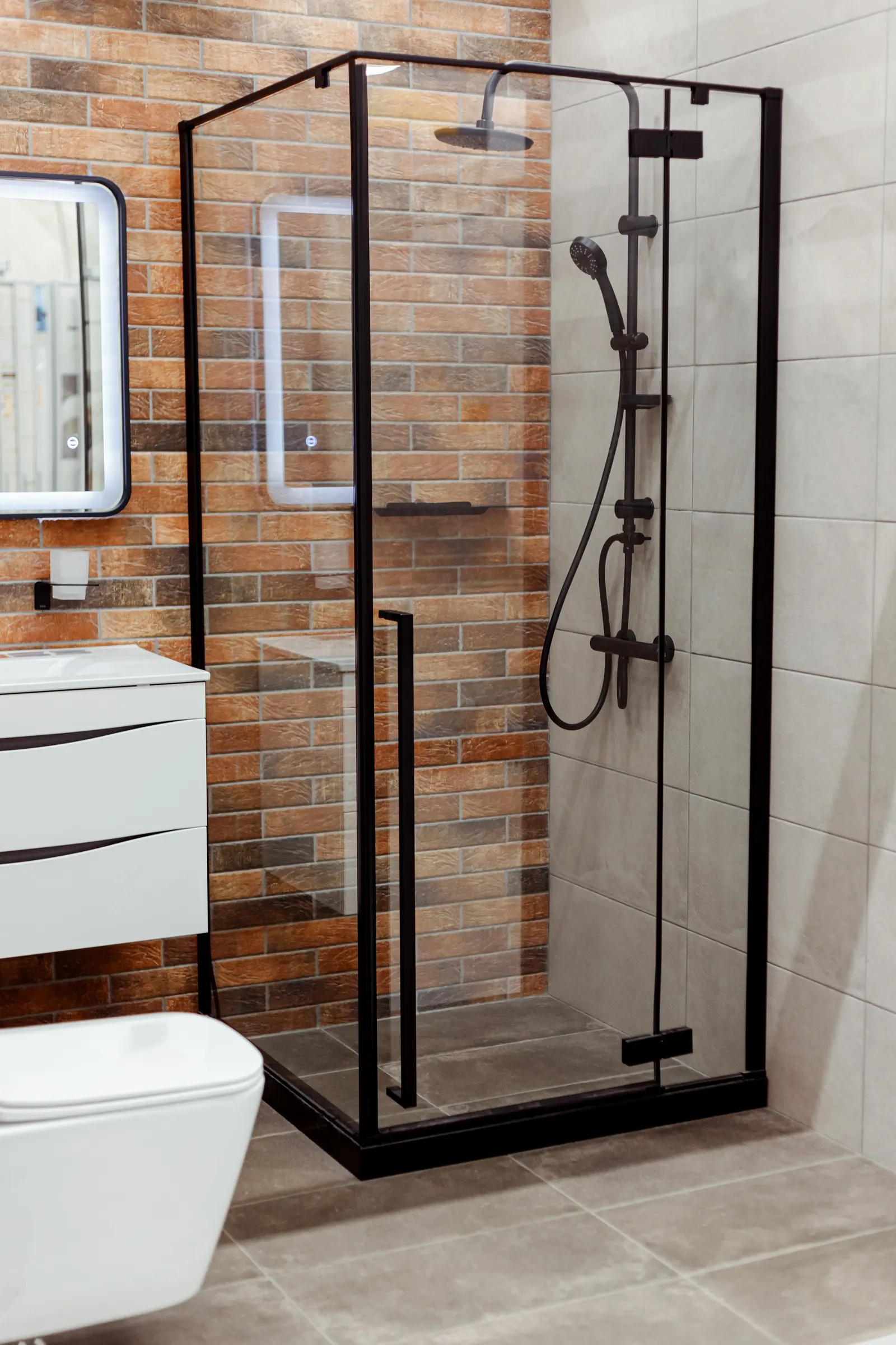 Black-framed corner glass shower enclosure with matte black fixtures and a brick accent wall.