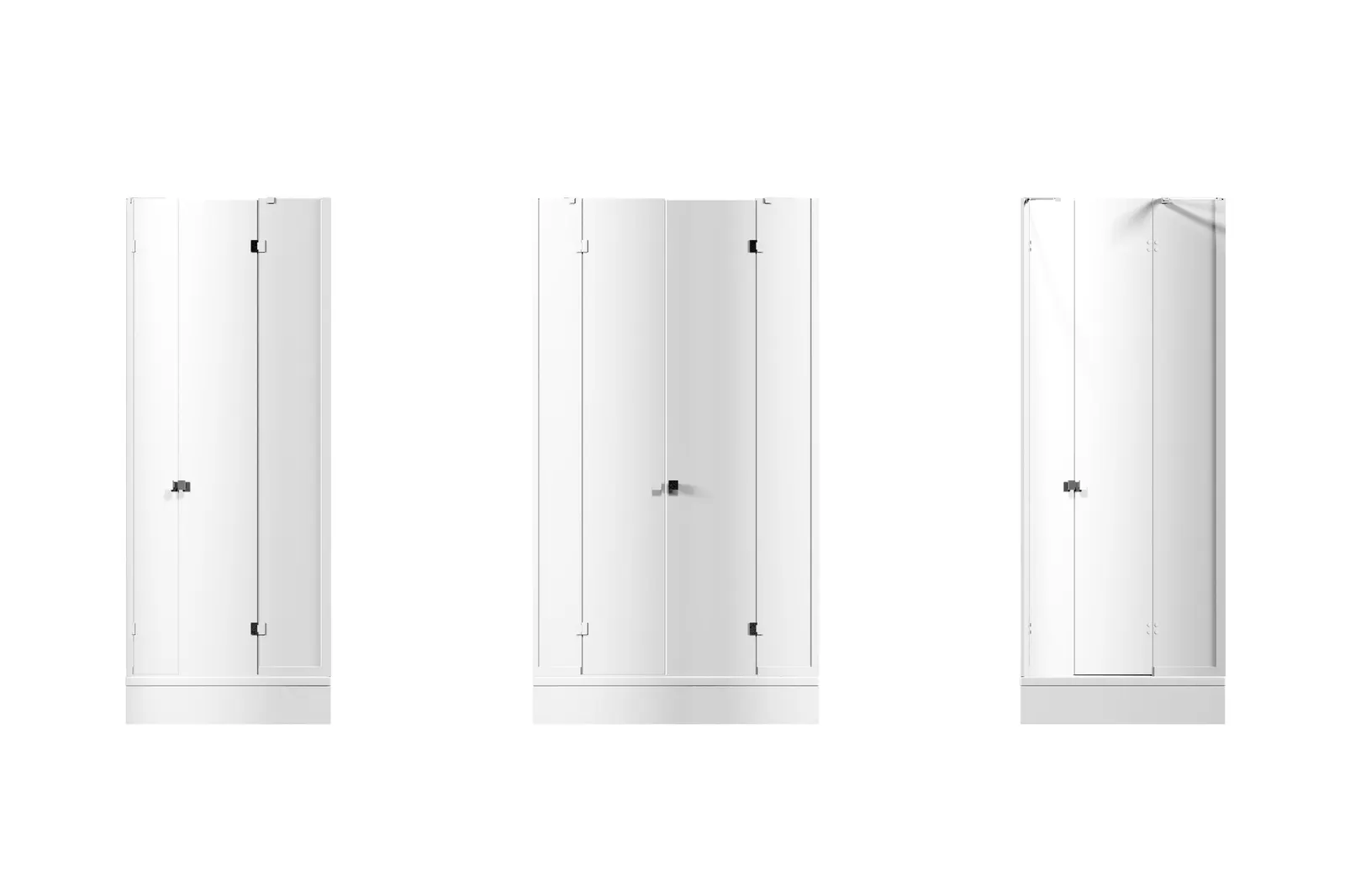 Three frameless glass shower enclosures with chrome hinges on a plain white background.