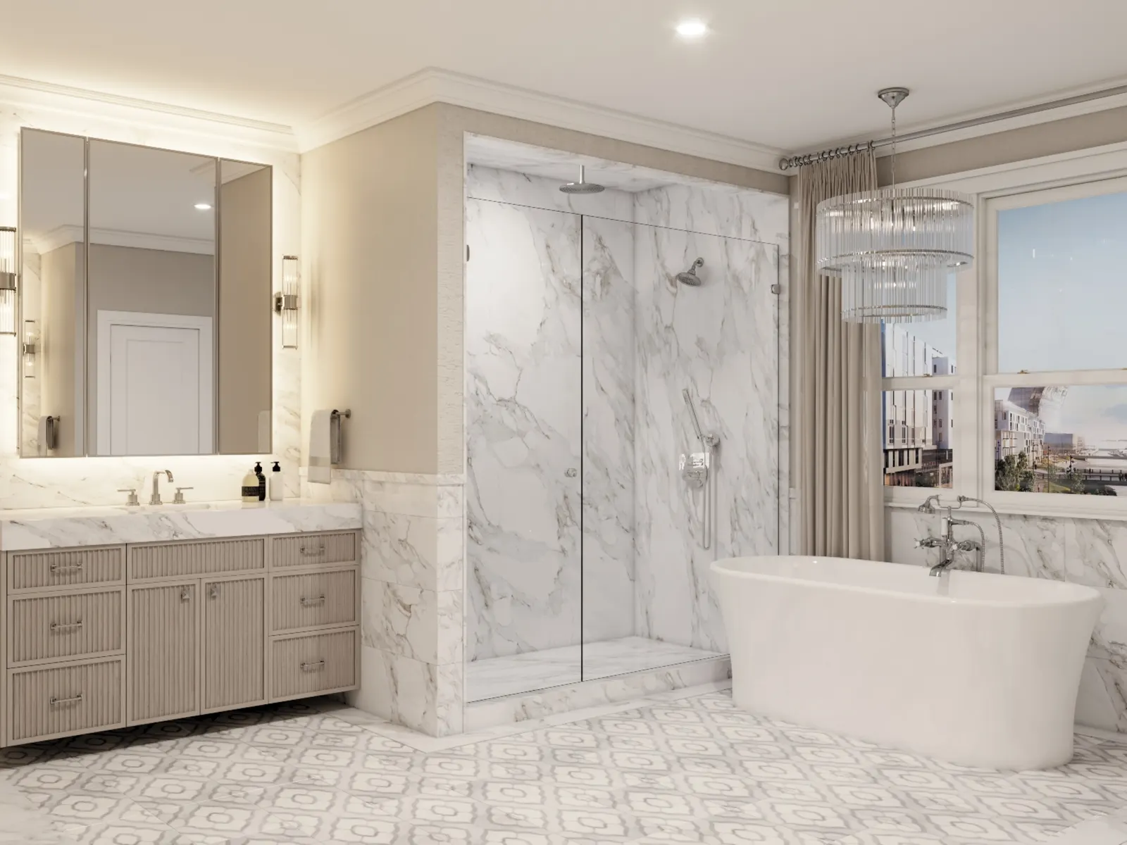Marble walk-in shower with a fixed glass panel beside a freestanding tub.