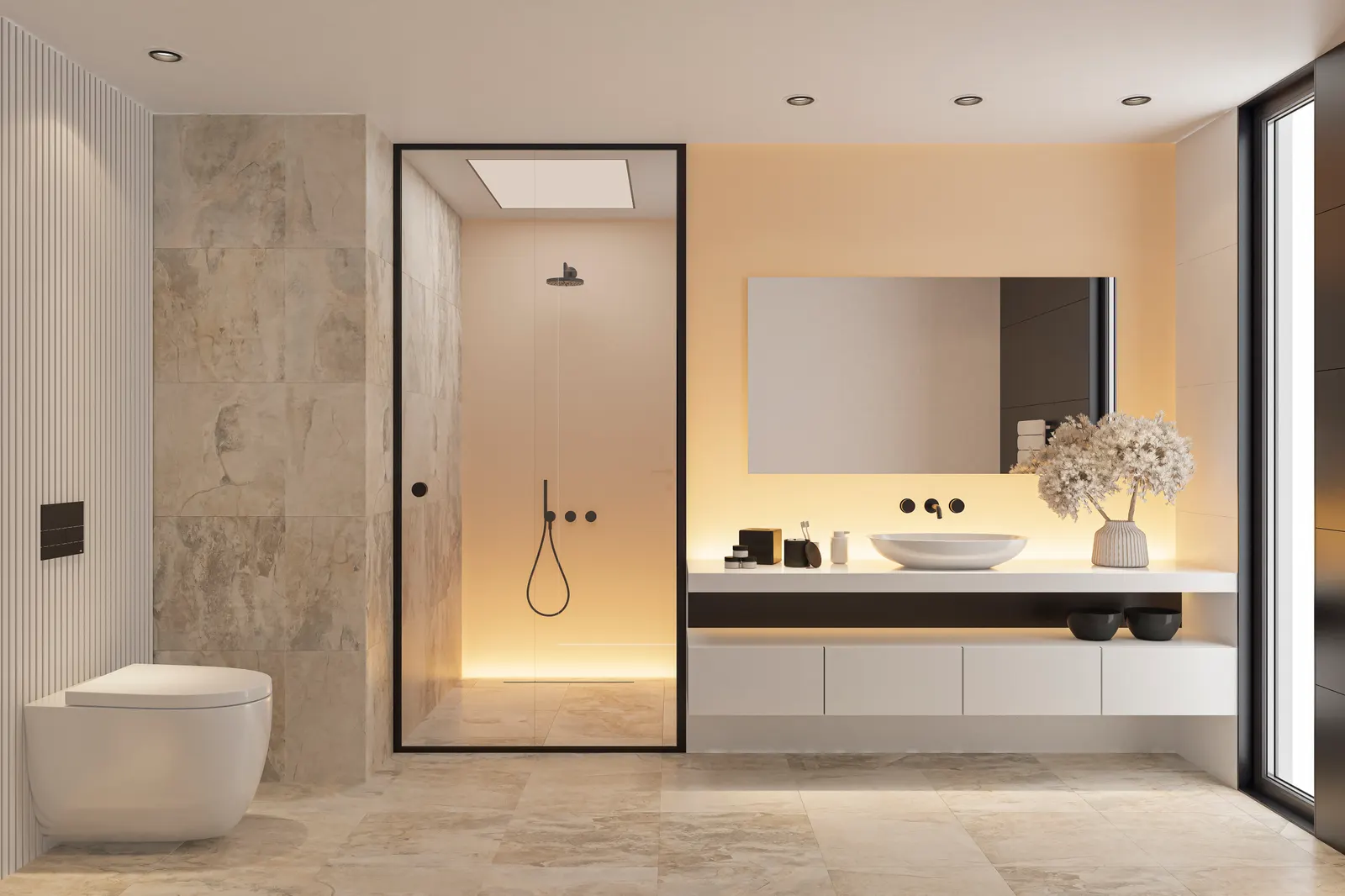 Walk-in alcove shower with a black-framed fixed glass panel between tiled walls.