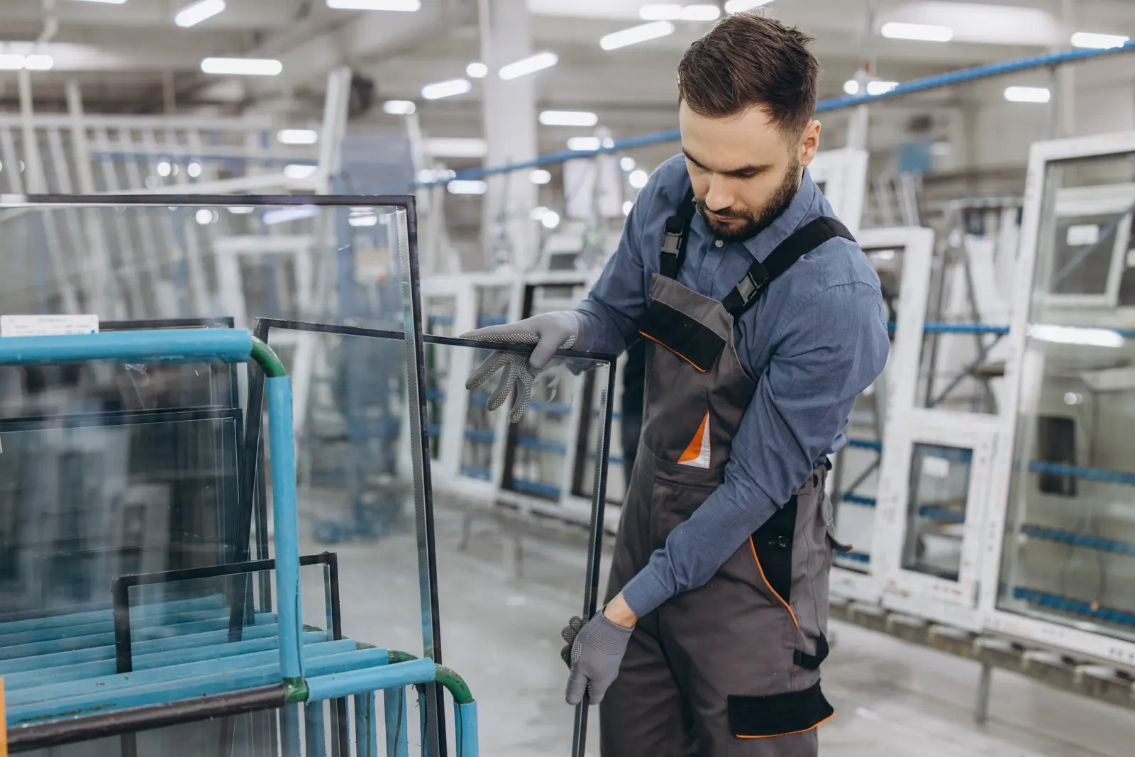 A worker in overalls handling a large glass pane on a rack in a fabrication workshop.