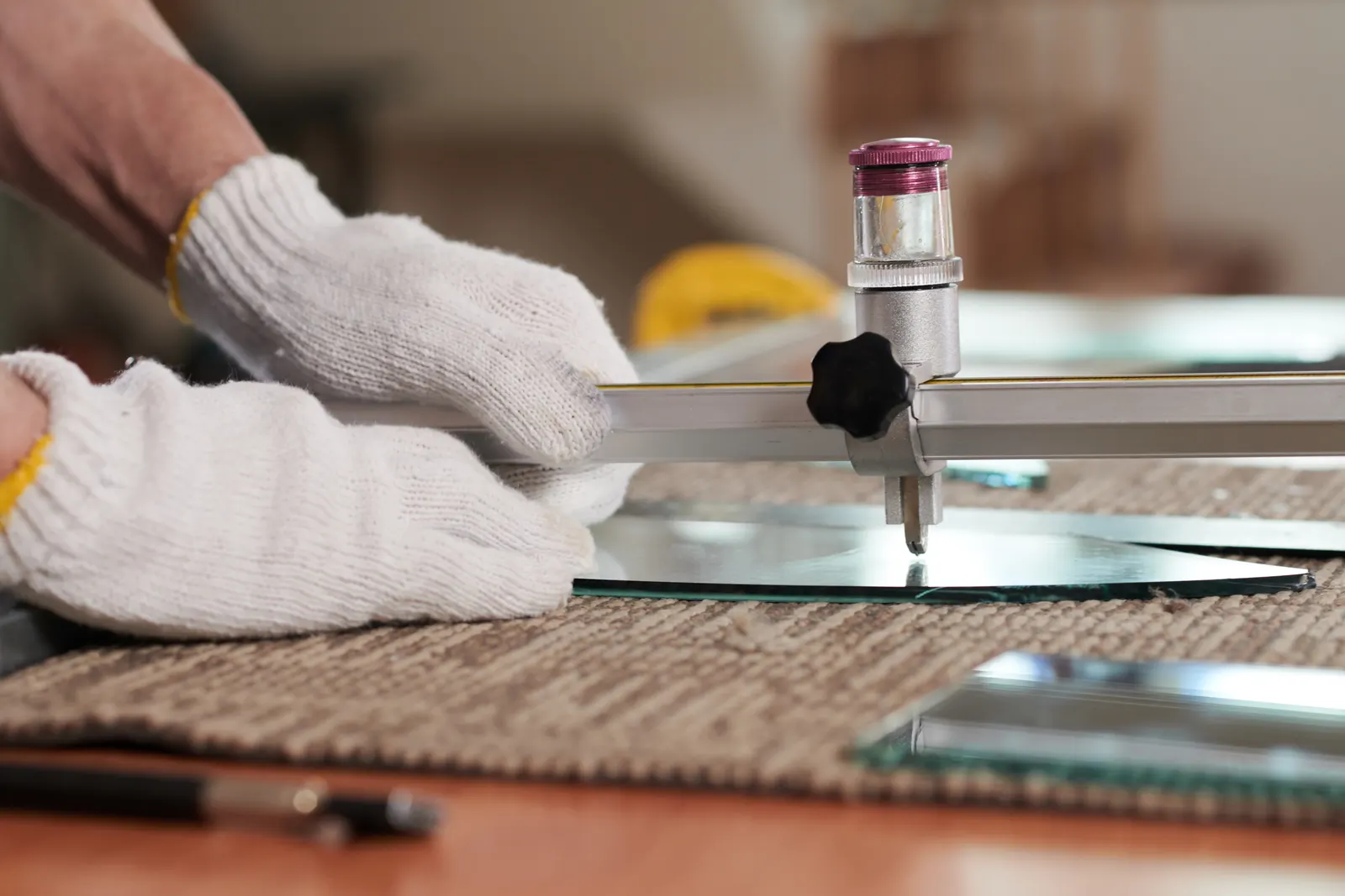 Gloved hands using a circle cutter and straightedge to cut glass on a workbench.