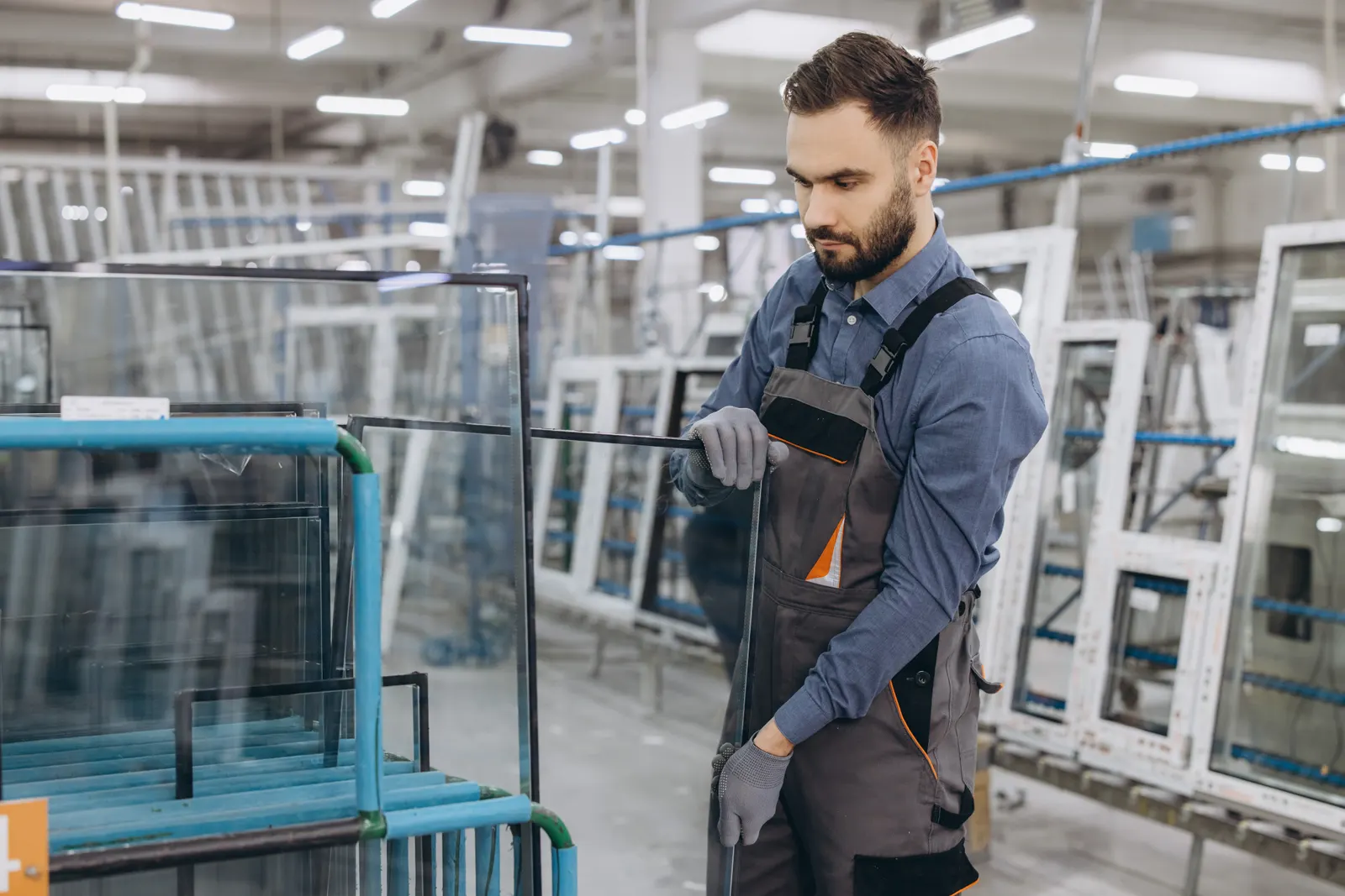 A worker in overalls lifting a framed glass unit from a rack in a factory.
