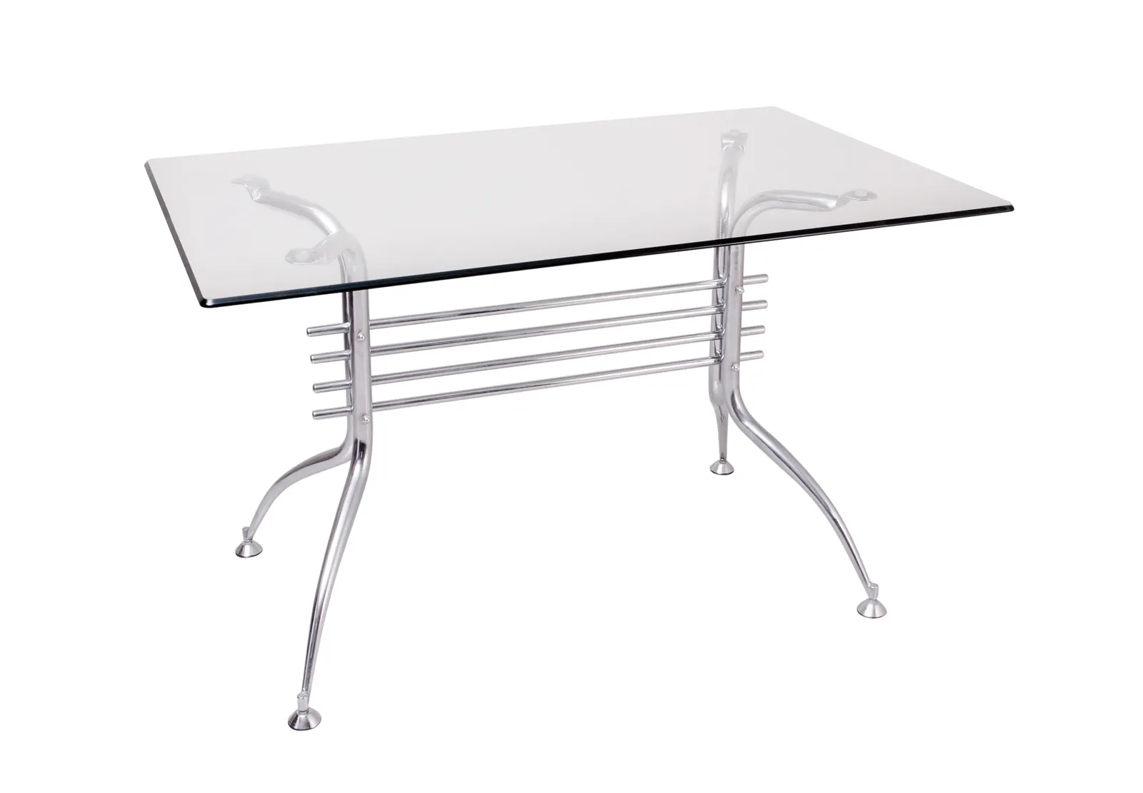 Rectangular clear glass-top table on a chrome metal base against a white background.