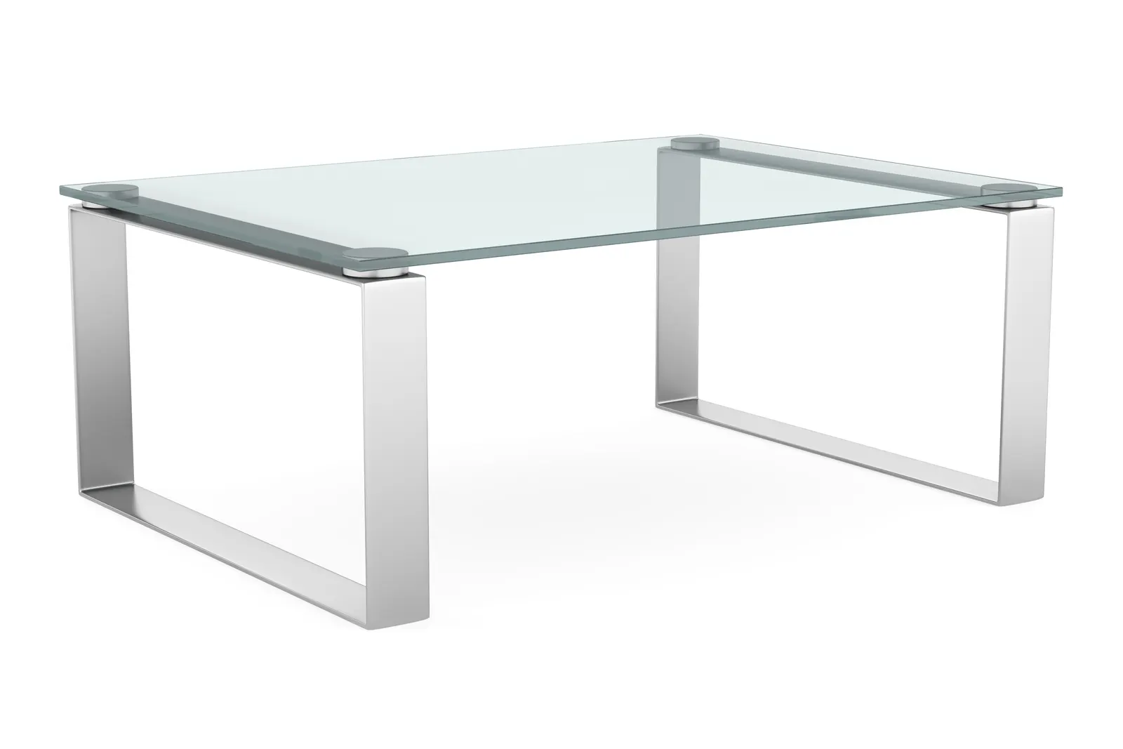 Rectangular glass-top coffee table with polished silver U-shaped legs on a white background.