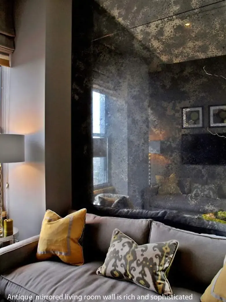 Antique mirrored wall installed in a furnished living room.