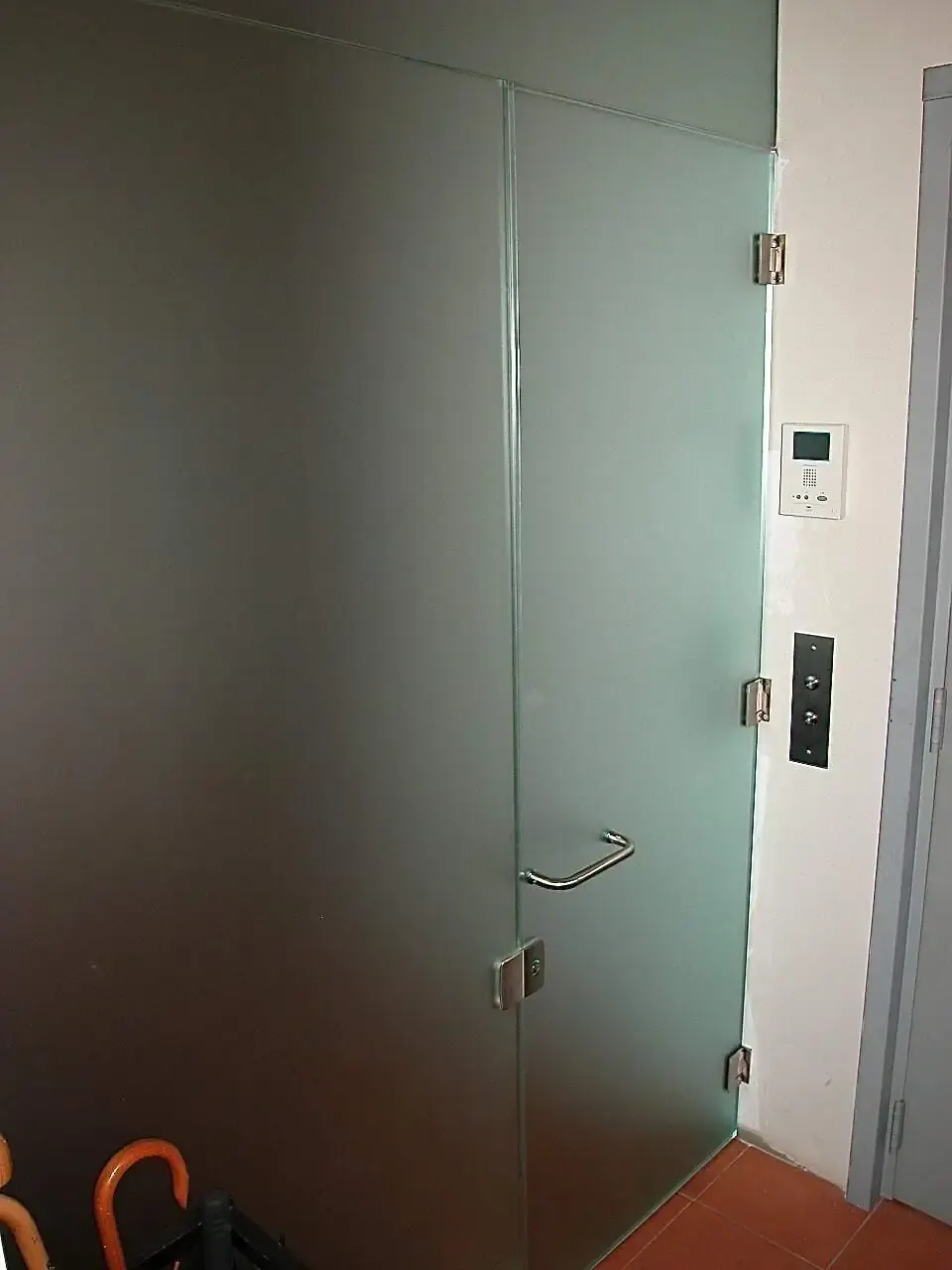 Frosted privacy glass door with a polished metal pull handle.
